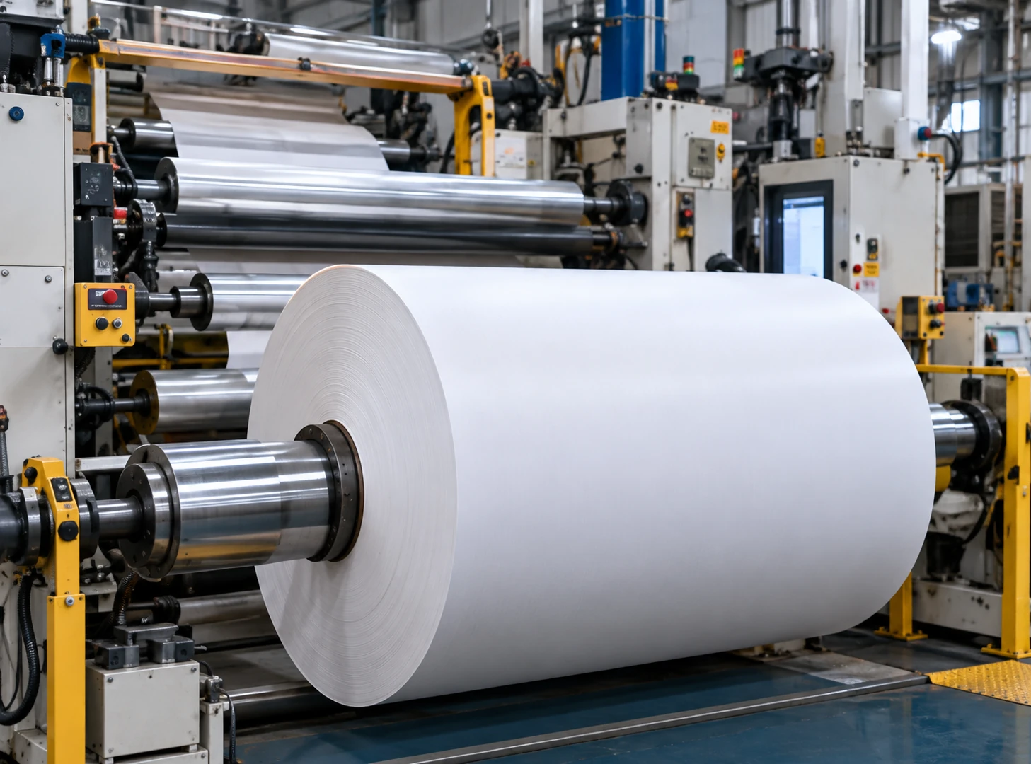 White paper jumbo roll on a converting line