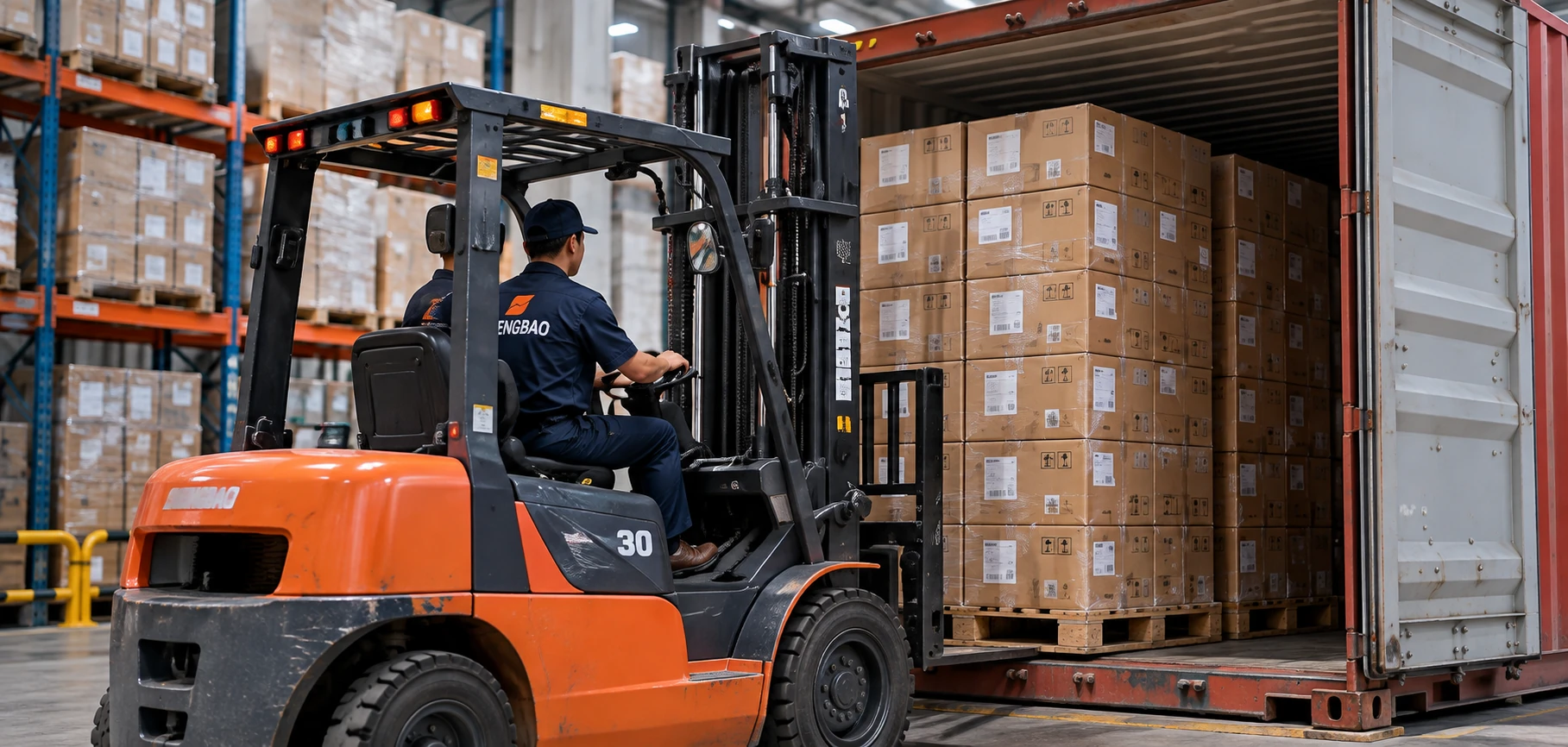 Forklift and packed cartons in a warehouse
